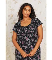 Eileen West Plus Floral Print Modal Jersey Sweetheart Neck Ruffle Cap Sleeve Waltz Nightgown