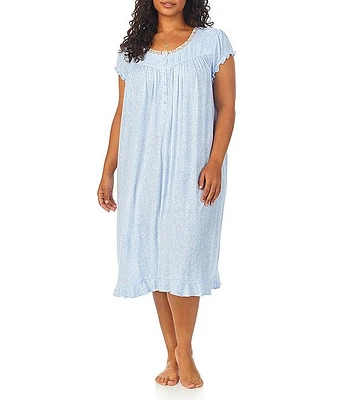 Eileen West Plus Leaf Print Modal Jersey Cap Sleeve Round Neck Waltz Nightgown