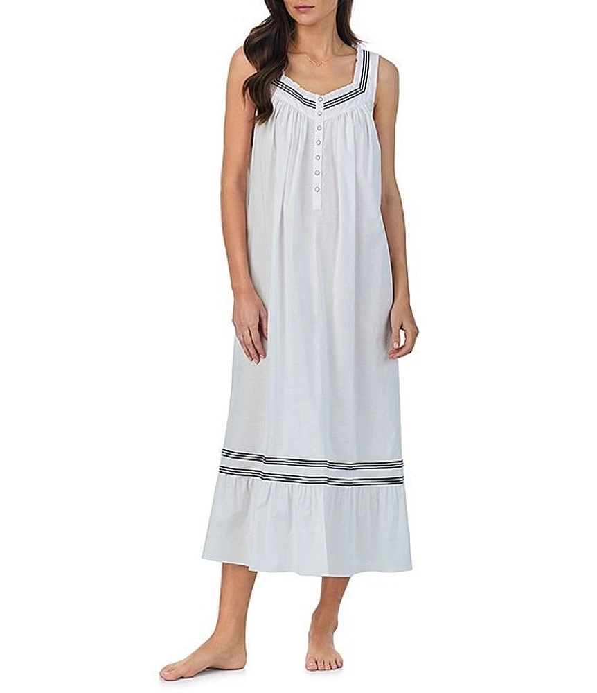 Eileen West Sleeveless Sweetheart Neck Woven Cotton Ballet Ruffle Hem Long Nightgown