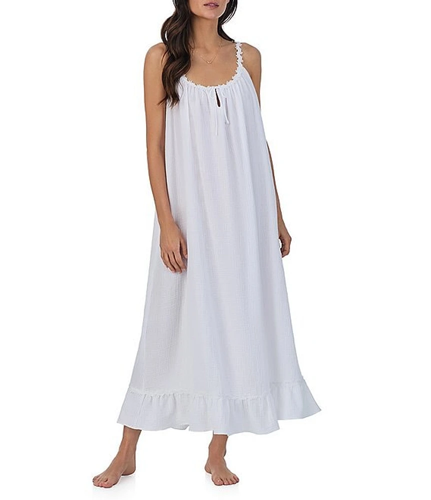 Eileen West Sleeveless Tie Keyhole Scoop Neck Woven Crinkle Lace Trim Ruffle Hem Ballet Long Nightgown