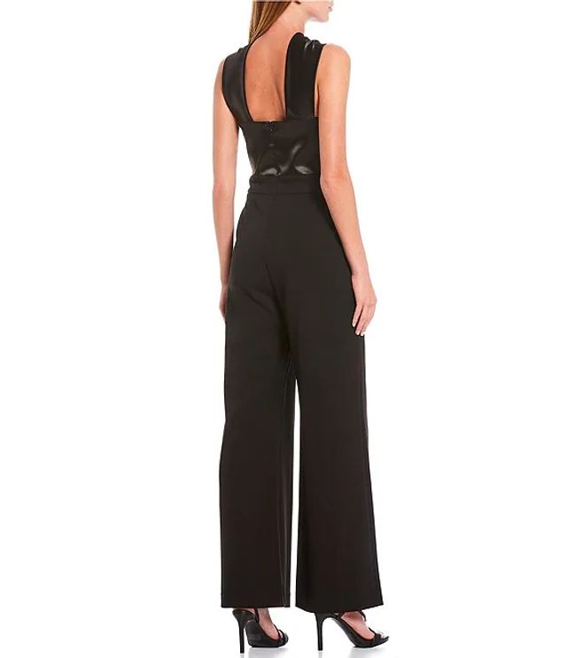 twist neck satin & crepe jumpsuit eliza j