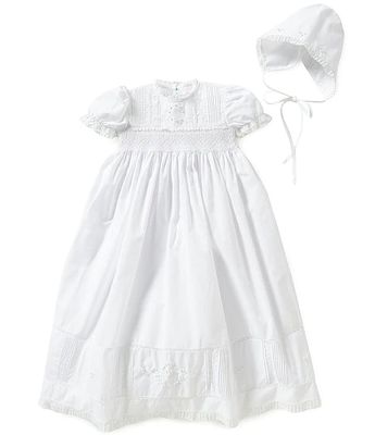 Feltman Brothers Baby Girls Newborn-6 Months Smocked Lace-Trimmed Embroidered Christening Gown and Hat Set