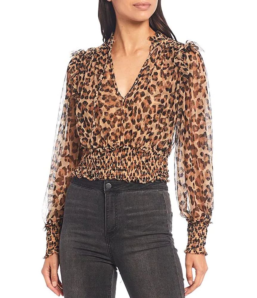 Free People Twyla Leopard Print V-Neck Long Sleeve Smocked Crop Blouse |  Brazos Mall