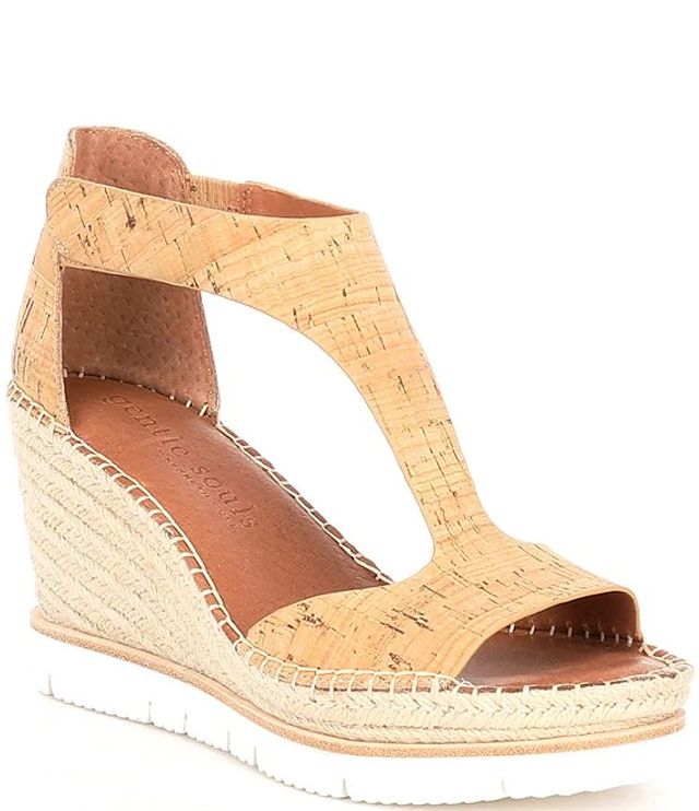 Gentle Souls Elyssa T Strap Cork Espadrille Wedge Sandals | Alexandria Mall