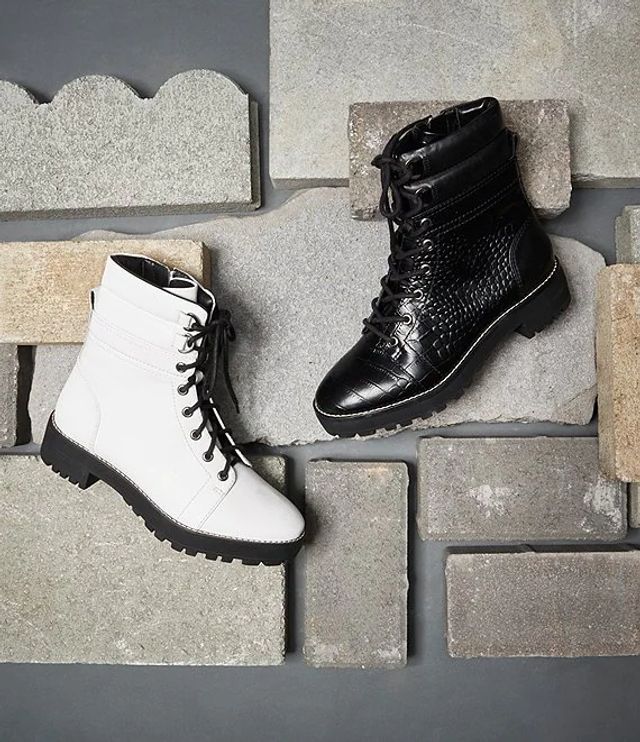 Gianni Bini Ryedderr Heeled Lace Up Combat Lug Sole Boots | Alexandria Mall