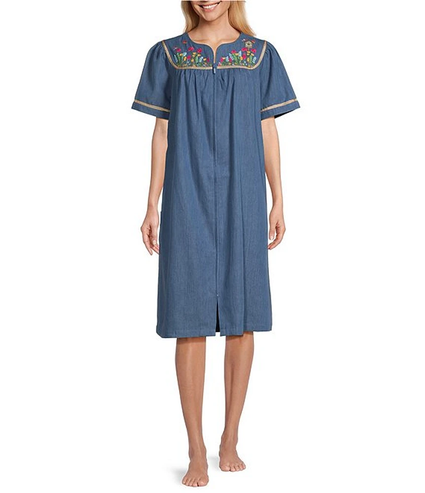 Go Softly Embroidered Bird & Floral Denim Short Sleeve Zip-Front Patio Dress