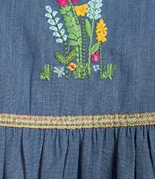 Go Softly Embroidered Bird & Floral Denim Short Sleeve Zip-Front Patio Dress