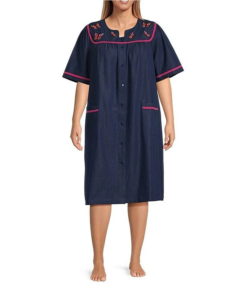 Go Softly Plus Embroidered Butterfly Denim Short Sleeve Snap-Front Patio Dress