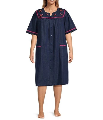 Go Softly Plus Embroidered Butterfly Denim Short Sleeve Snap-Front Patio Dress