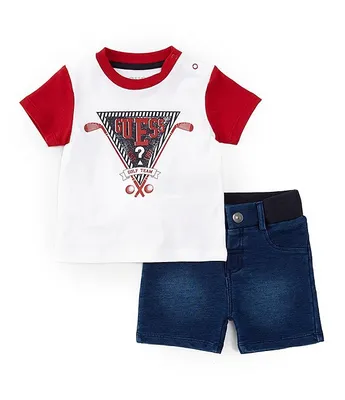 Guess Baby Boys 3-24 Months Short Sleeve Triangle Logo Color Block T-Shirt & Denim-Look Knit Shorts Set