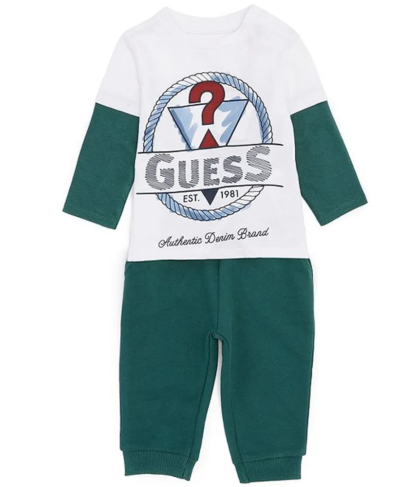 Guess Baby Boys Newborn-24 Months Long Sleeve Rubberized Logo Two-Fer Tee &  Solid Jogger Pants Set
