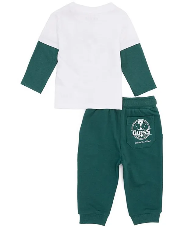 Guess Baby Boys Newborn-24 Months Long Sleeve Rubberized Logo Two-Fer Tee &  Solid Jogger Pants Set