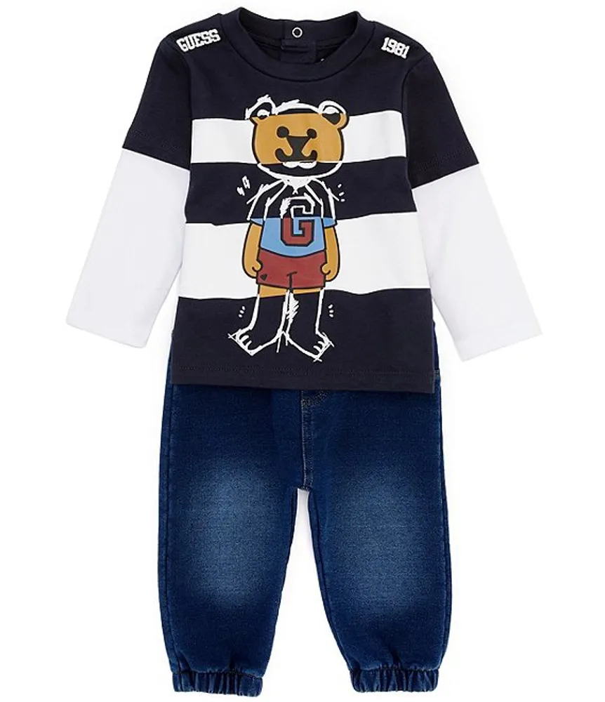 Guess Baby Boys Newborn-24 Months Long Sleeve Striped/Solid Bear Graphic  Two-Fer Tee & Denim Jogger Pants Set