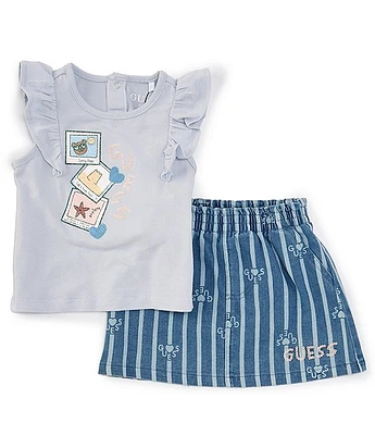 Guess Baby Girls 3-24 Months Flutter Sleeve Graphic Top & Striped Denim Skort Set