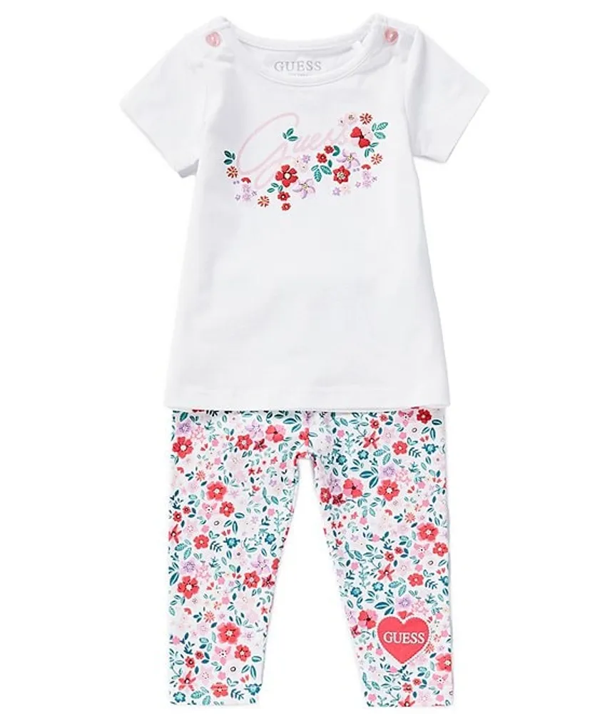 Guess Baby Girls 3-24 Months Glitter-Accented Logo/Puff-Print Tee & Floral  Leggings Set