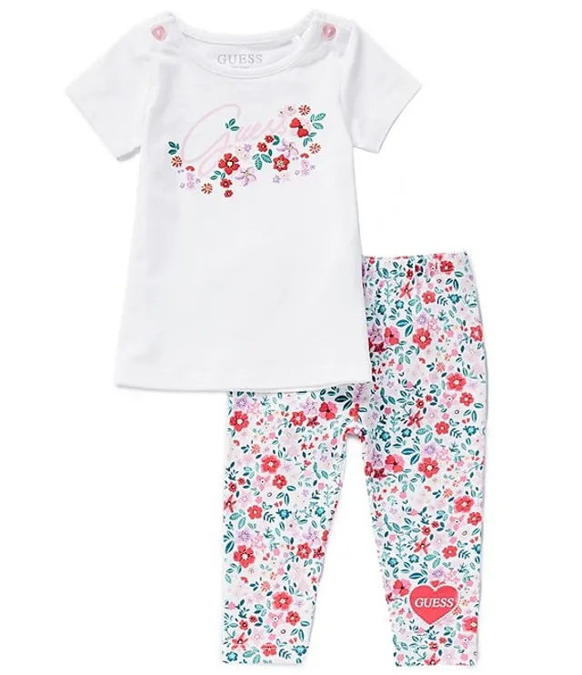 Guess Baby Girls 3-24 Months Glitter-Accented Logo/Puff-Print Tee & Floral  Leggings Set