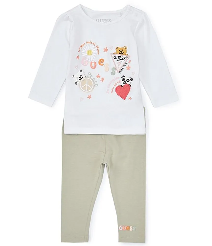 Guess Baby Girls 3-24 Months Long-Sleeve Foiled-Printed Artwork Tee &  Sequin-Applique-Logo Leggings Set