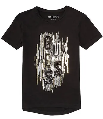 Guess Big Girls 7-16 Sequin Embellished Vertical Logo Embroidered Slinky Jersey T-Shirt