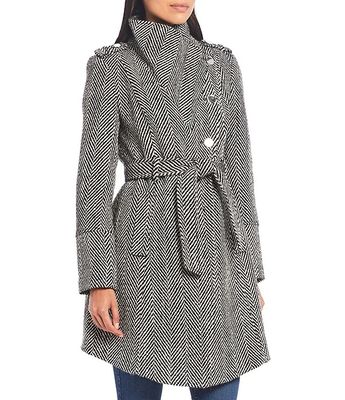 Wool Tweed Asymmetrical Belted Wrap Coat