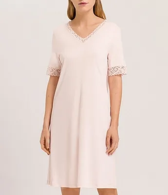 Hanro Moments Short Sleeve V-Neck Lace Trim Nightgown