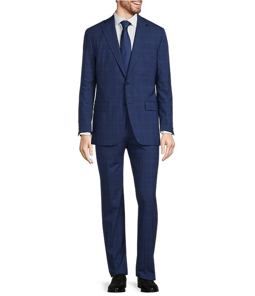 Hart Schaffner Marx Chicago-Fit Flat-Front Ultra-Stretch Blue Plaid 2-Piece Suit