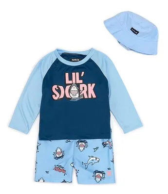 Hurley Baby Boys 12-24 Months Raglan-Sleeve Color Block Jersey Tee, Printed Supersuede Swim Trunks & Hat Set
