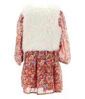 I.N. Girl Little Girls 4-6X Solid Faux Fur Vest & Blouson Sleeve Foiled Print Fit And Flare Dress Set