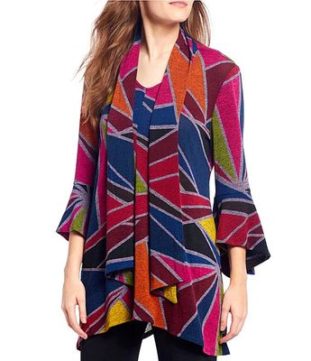 3/4 Bell Sleeve with Scarf Abstract Wide Check Print Tunic