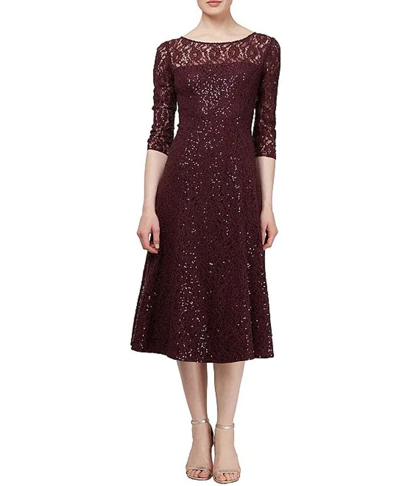 Ignite Evenings Petite 3/4 Sleeve Tea Length Sequin Lace Dress | The Shops  at Willow Bend