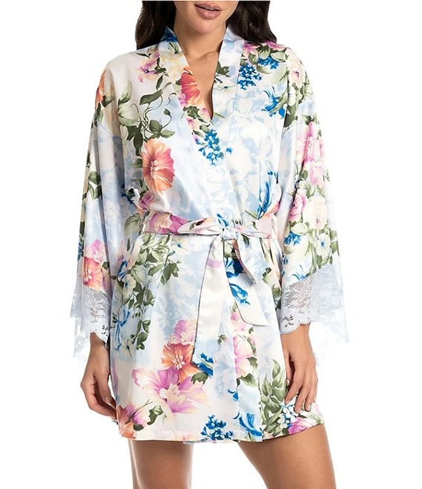 Bloom by Jonquil 3/4 Sleeve Satin Floral Print Short Robe