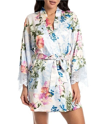 Bloom by Jonquil 3/4 Sleeve Satin Floral Print Short Robe