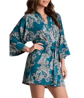 In Bloom By Jonquil Brushed Knit Paisley Print 3/4 Sleeve Coordinating Wrap Robe