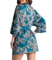 In Bloom By Jonquil Brushed Knit Paisley Print 3/4 Sleeve Coordinating Wrap Robe