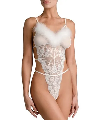 Bloom by Jonquil Mesh Lace Feather Trim Teddy Bodysuit
