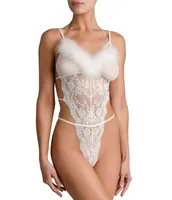 Bloom by Jonquil Mesh Lace Feather Trim Teddy Bodysuit
