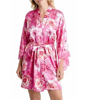 Bloom By Jonquil Satin Floral 3/4 Sleeve Coordinating Wrap Robe