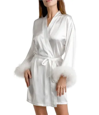 Bloom by Jonquil Satin Long Sleeve Feather Trim Coordinating Wrap Robe