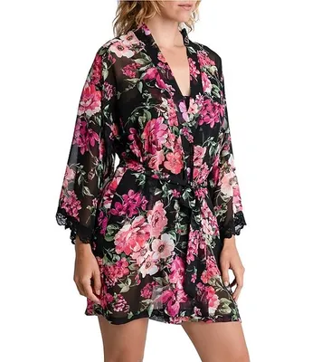 Bloom By Jonquil Sheer Chiffon Floral 3/4 Sleeve Coordinating Wrap Robe
