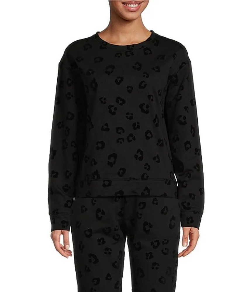 Jasmine & Ginger Animal Flocked Printed Long Sleeve Crew Neck Coordinating Sleep Top