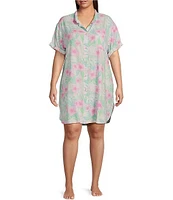 Jasmine & Ginger Plus Woven Short Sleeve Button Front Collar Hibiscus Print Sleepshirt