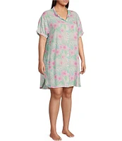 Jasmine & Ginger Plus Woven Short Sleeve Button Front Collar Hibiscus Print Sleepshirt