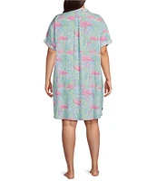 Jasmine & Ginger Plus Woven Short Sleeve Button-Front Collar Leafy Palm Print Sleepshirt