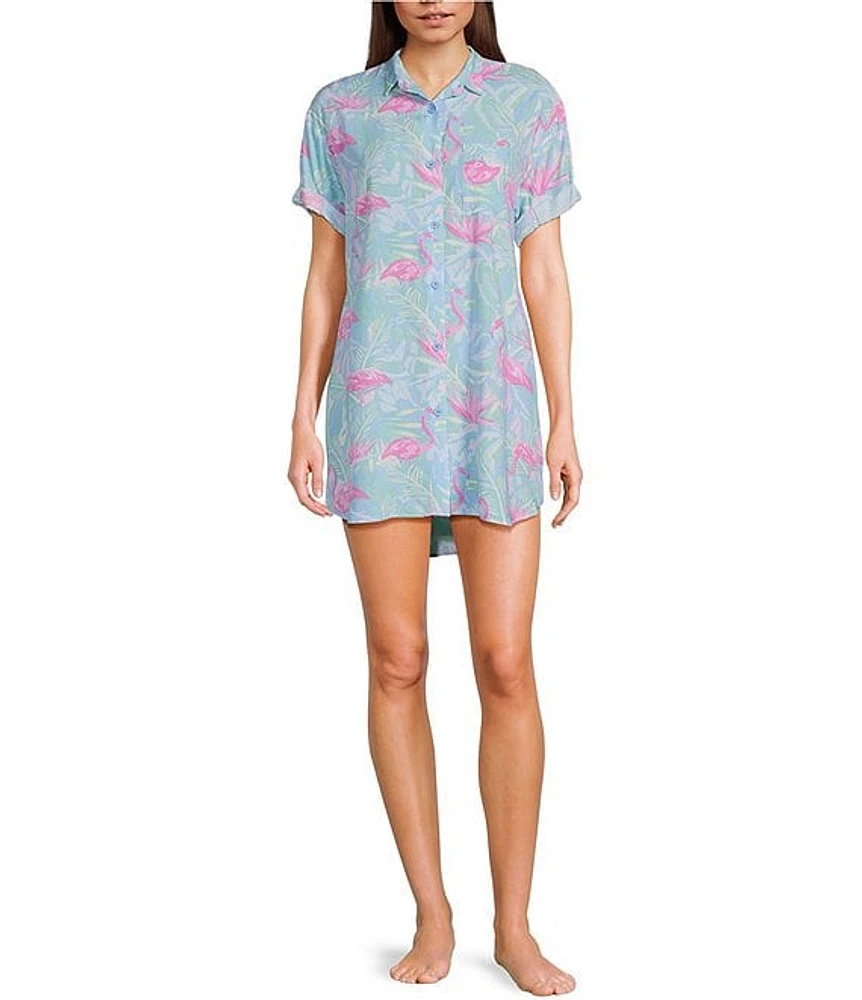 Jasmine & Ginger Woven Leafy Palm Flamingo Print Short Sleeve Button-Front Point Collar Sleepshirt