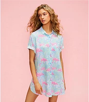 Jasmine & Ginger Woven Leafy Palm Flamingo Print Short Sleeve Button-Front Point Collar Sleepshirt