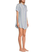 Jasmine & Ginger Woven Short Sleeve Button-Front Collar Striped Sleepshirt