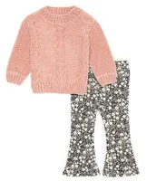 Jessica Simpson Baby Girls 12-24 Months Long Sleeve Cable Knit Sweater & Printed Flare Pants Set