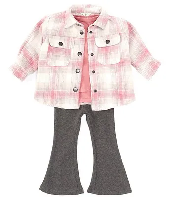 Jessica Simpson Baby Girls 12-24 Months Long Sleeve Plaid Woven Shacket, Jersey T-Shirt & Pants Set