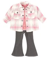 Jessica Simpson Baby Girls 12-24 Months Long Sleeve Plaid Woven Shacket, Jersey T-Shirt & Pants Set