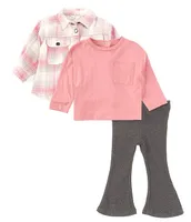 Jessica Simpson Baby Girls 12-24 Months Long Sleeve Plaid Woven Shacket, Jersey T-Shirt & Pants Set