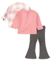 Jessica Simpson Baby Girls 12-24 Months Long Sleeve Plaid Woven Shacket, Jersey T-Shirt & Pants Set